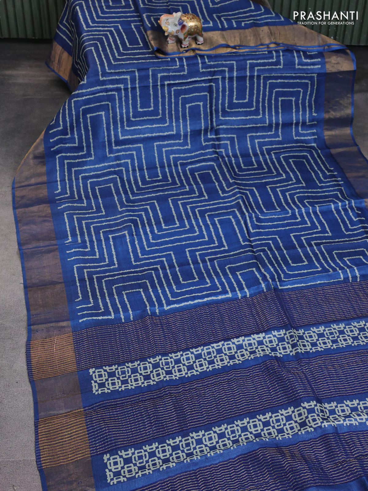 Pure tussar saree blue with allover shibori prints and zari woven border - Image 2