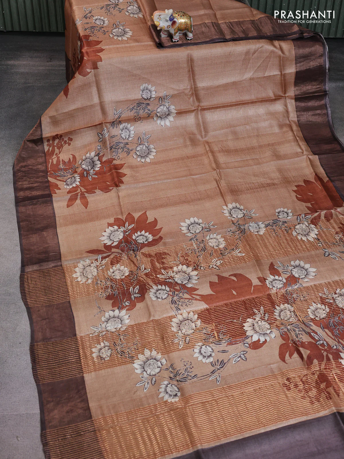 Pure tussar saree dark sandal and brown with allover geometric prints and zari woven border - Image 2
