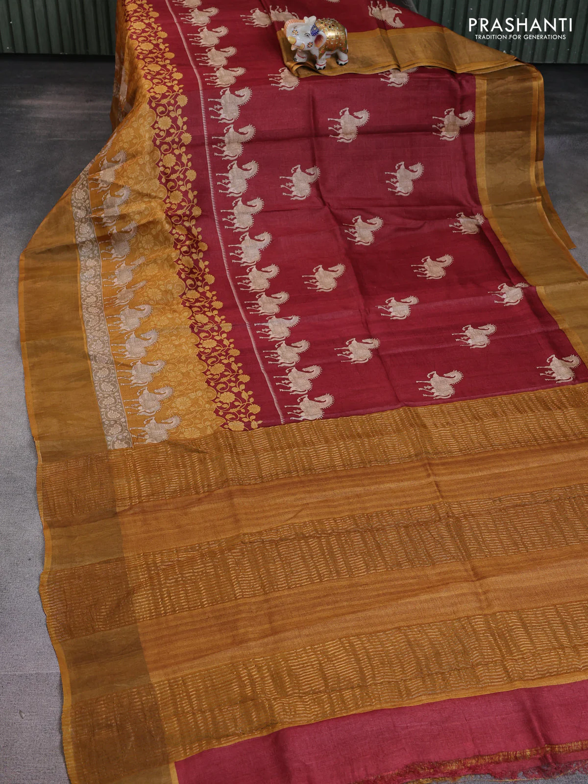 Pure tussar saree maroon and yellow with allover butta prints and zari woven border - Image 2