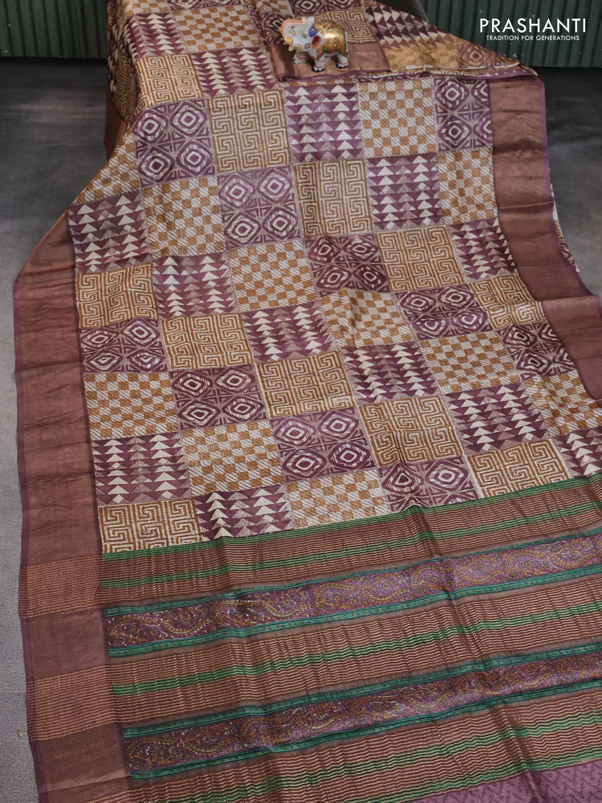 Pure tussar saree multi colour and pastel maroon with allover geomatric prints and zari woven border - Image 2