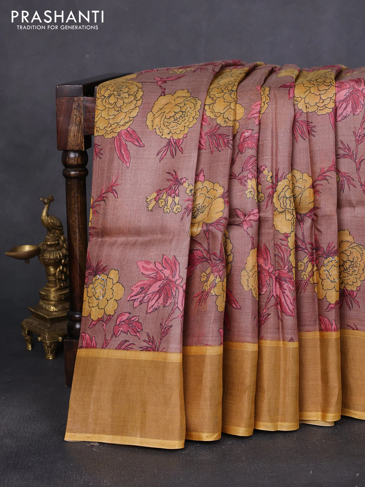 Pure tussar saree pastel brown and mustard yellow with allover floral prints and zari woven border
