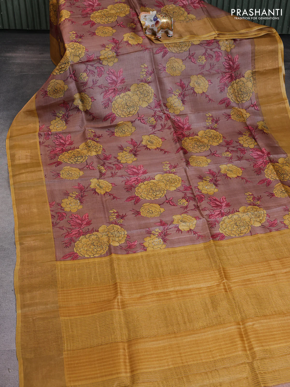 Pure tussar saree pastel brown and mustard yellow with allover floral prints and zari woven border - Image 2