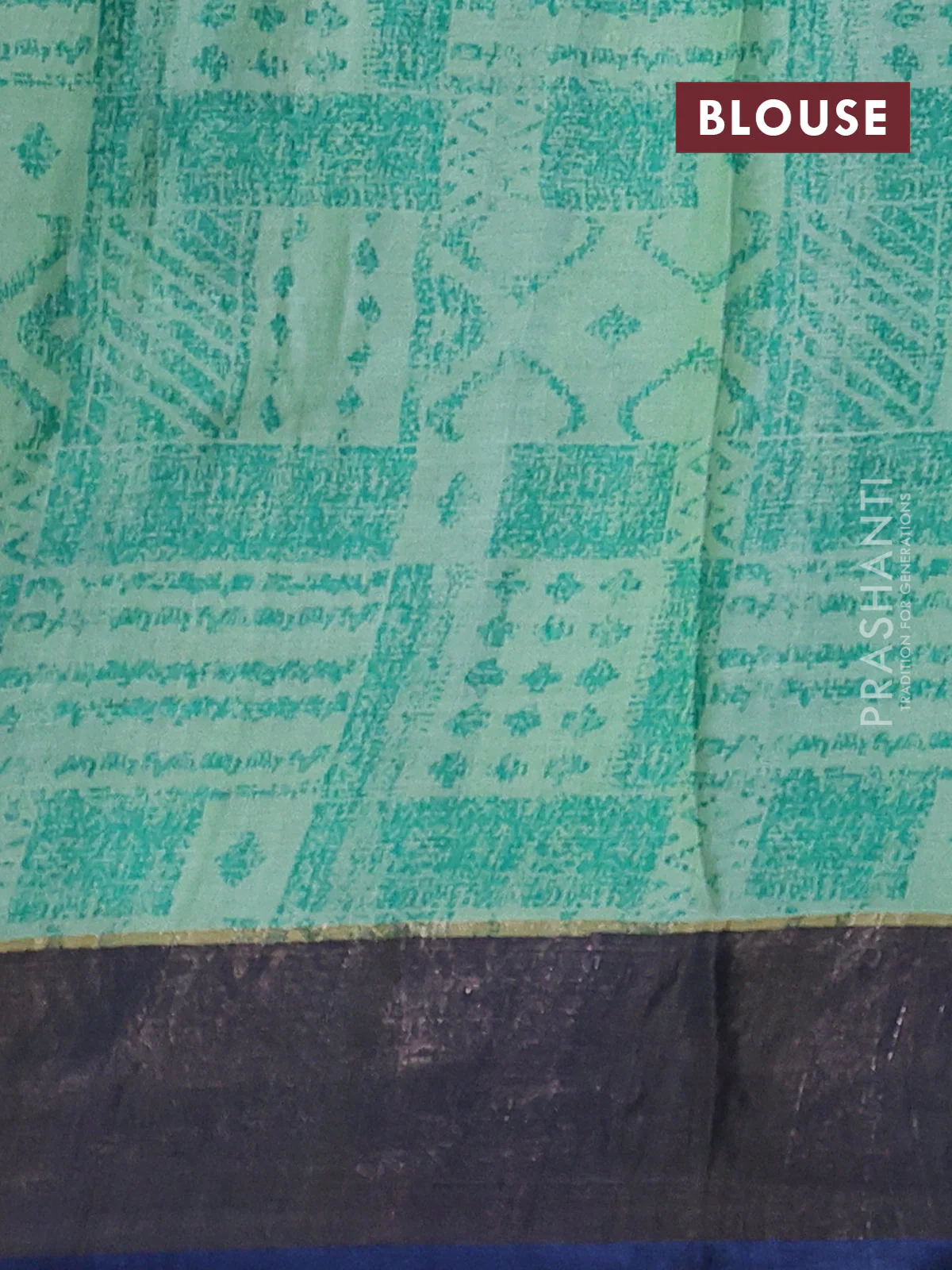 Pure tussar saree pastel green and navy blue with allover geometric and zari woven border - Image 3