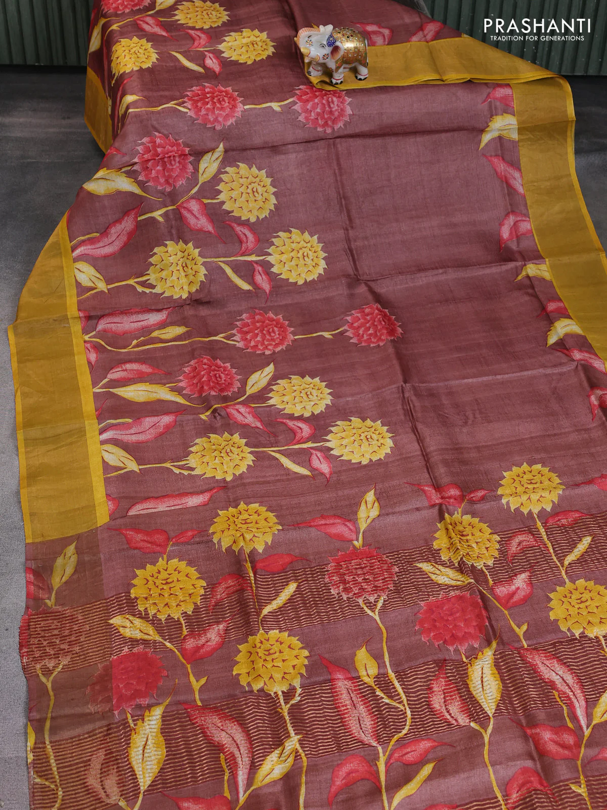 Pure tussar saree pastel maroon and yellow with allover floral prints and zari woven border - Image 2