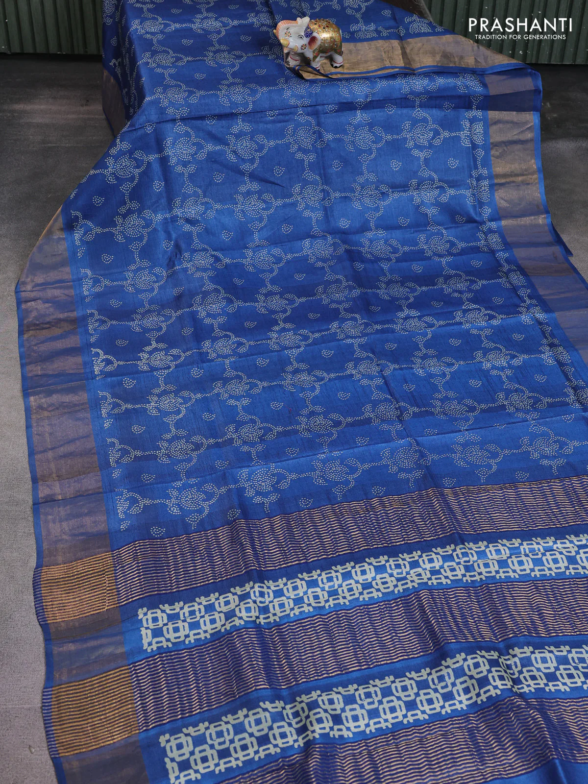 Pure tussar saree peacock blue with allover prints and zari woven border - Image 2
