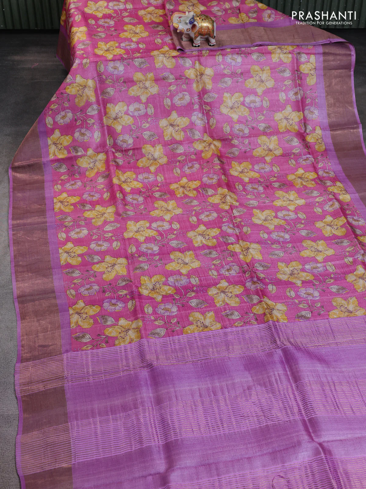 Pure tussar saree pink and lavender with allover floral prints and zari woven border - Image 2