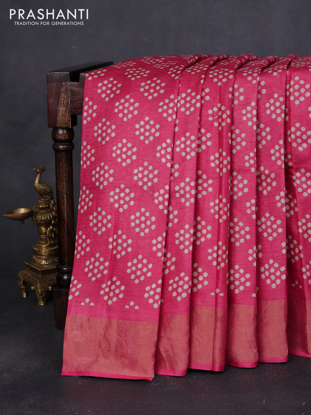 Pure tussar saree pink with allover geometric prints and zari woven border