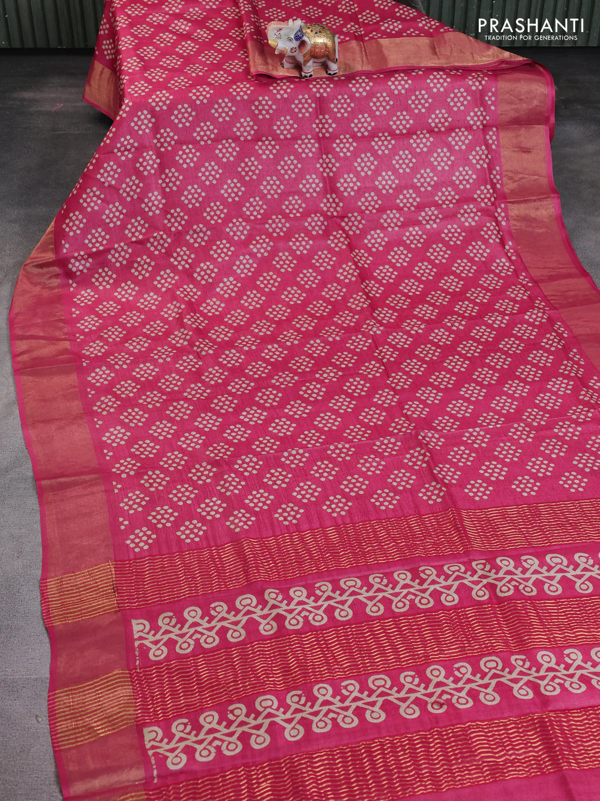 Pure tussar saree pink with allover geometric prints and zari woven border - Image 2