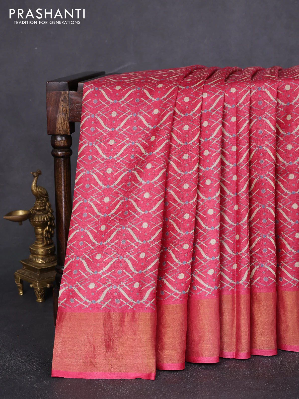 Pure tussar saree pink with allover prints and zari woven border