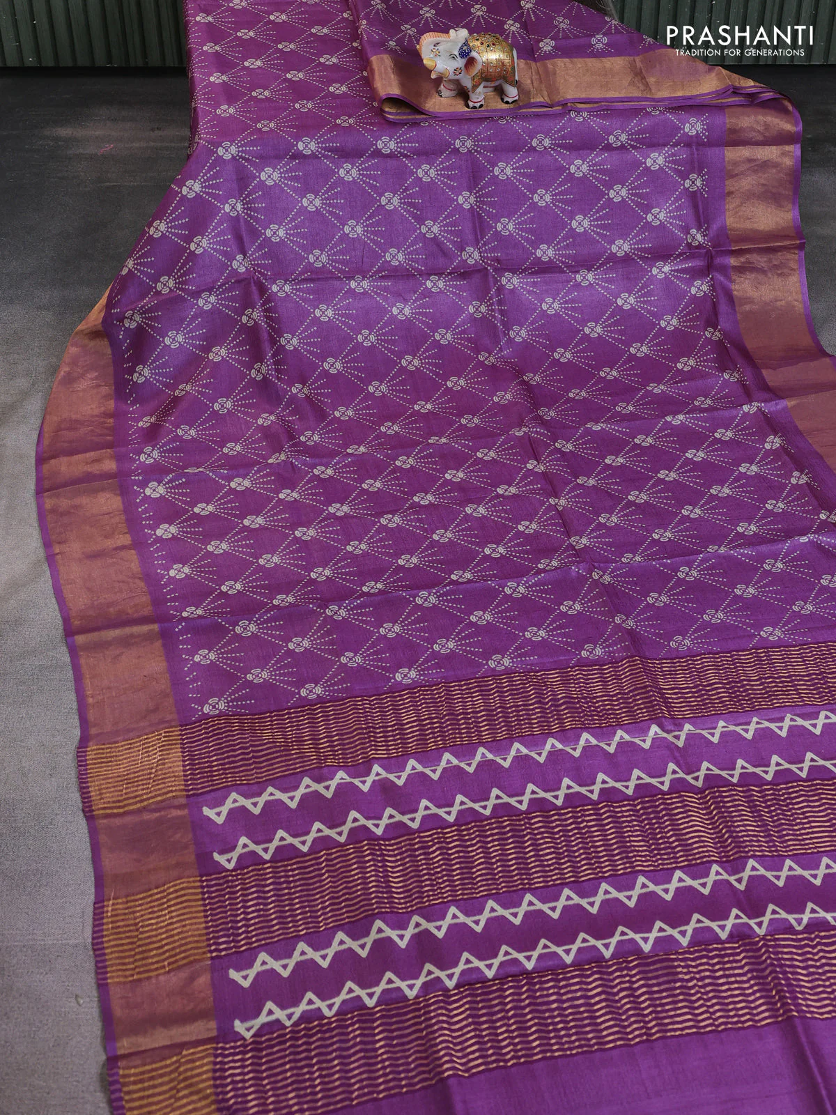 Pure tussar saree purple shade with allover prints and zari woven border - Image 2