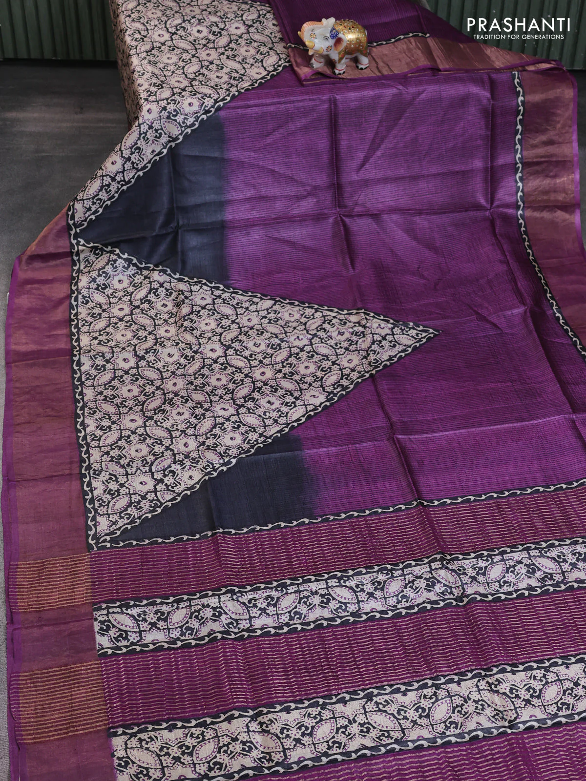 Pure tussar saree purple with allover ajrakh prints and zari woven border - Image 2