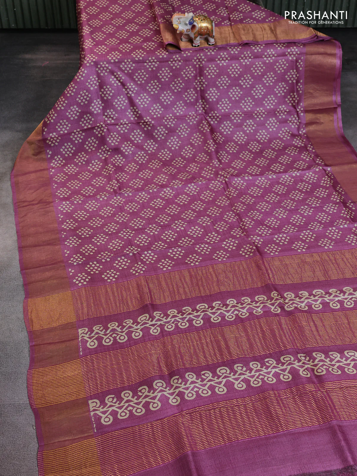 Pure tussar saree purple with allover geometric prints and zari woven border - Image 2