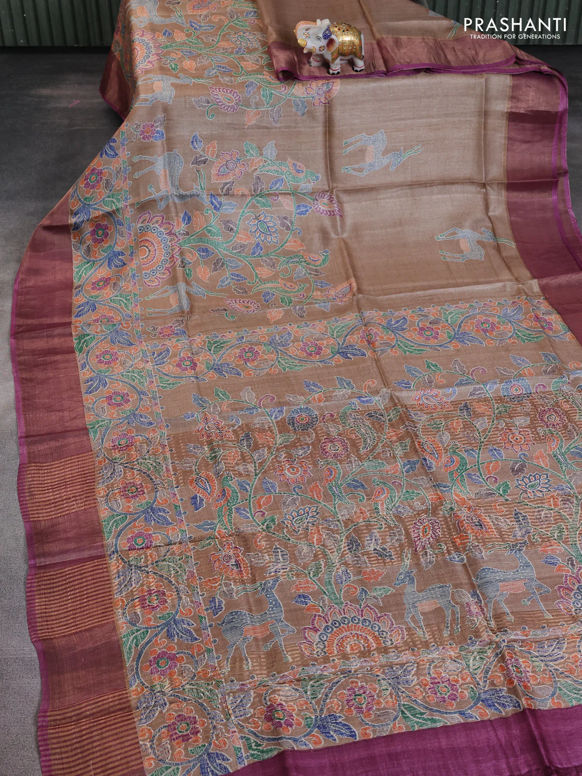 Pure tussar saree sandal and purple with allover kalamkari prints and zari woven border - Image 2
