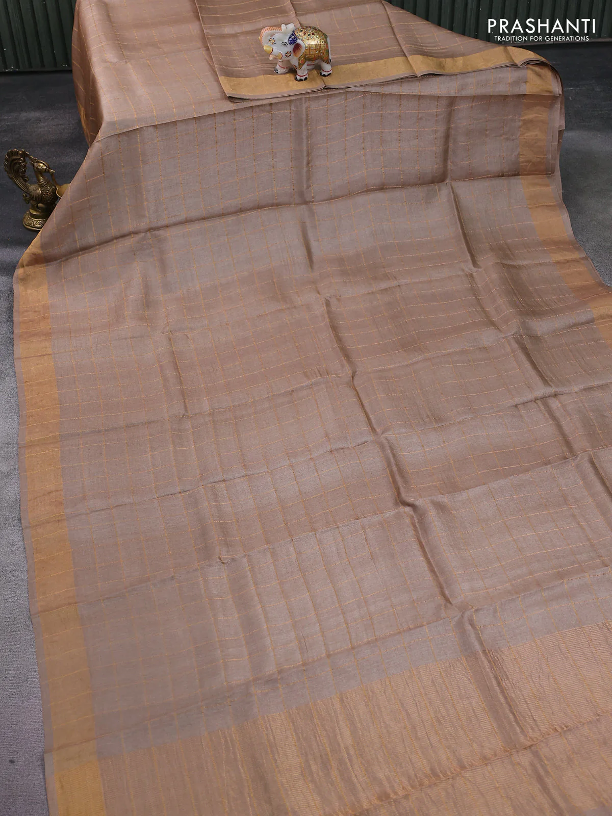 Pure tussar silk saree beige and maroon with allover zari checked pattern and zari woven border - Image 2