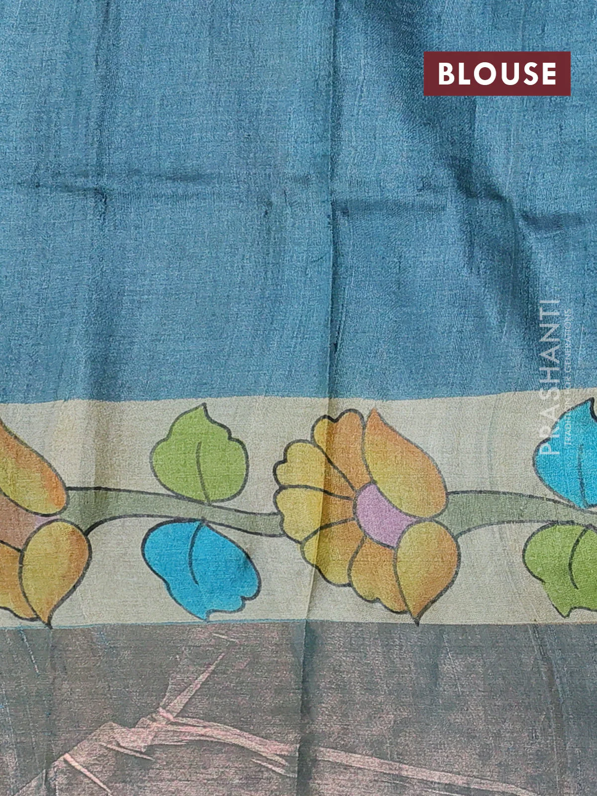 Pure tussar silk saree beige and pastel blue with allover hand painted prints and zari woven border - Image 3