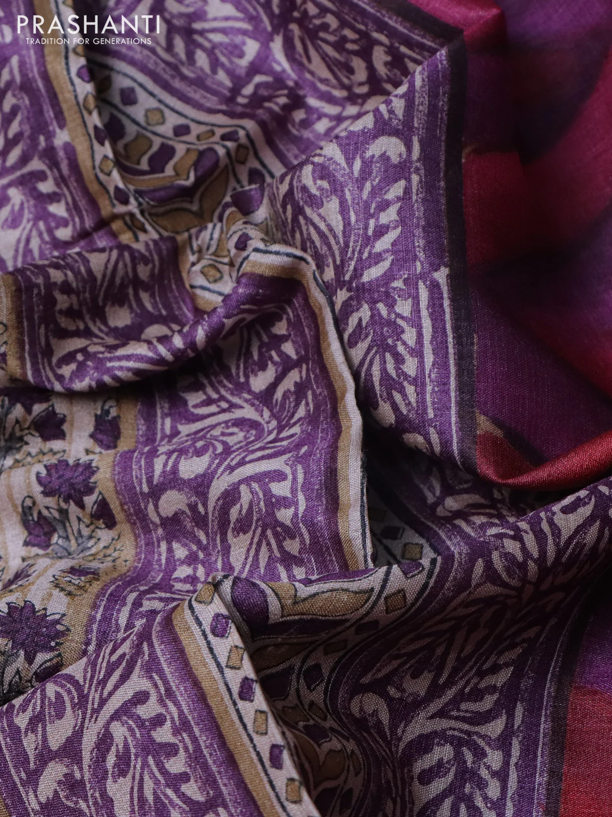 Pure tussar silk saree beige and purple with allover floral digital prints and long printed border - Image 2