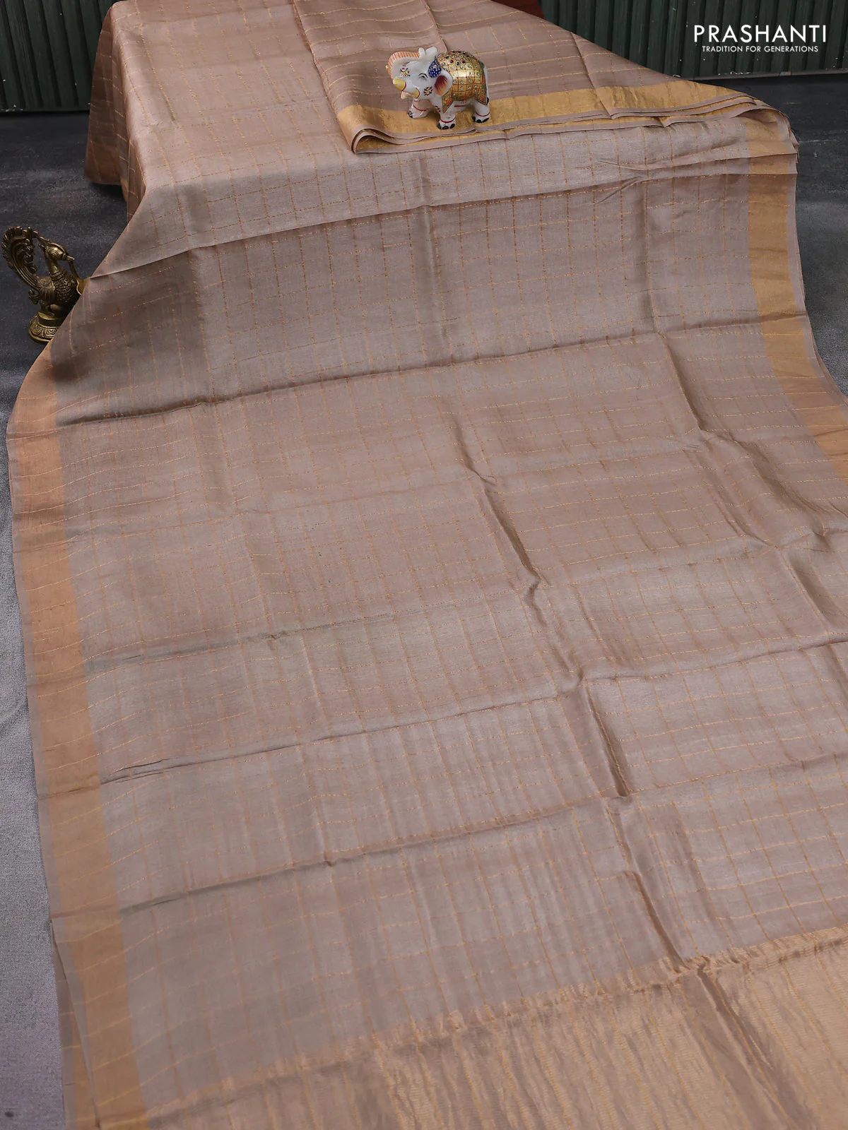 Pure tussar silk saree beige and teal blue with allover zari checked pattern and zari woven border - Image 2