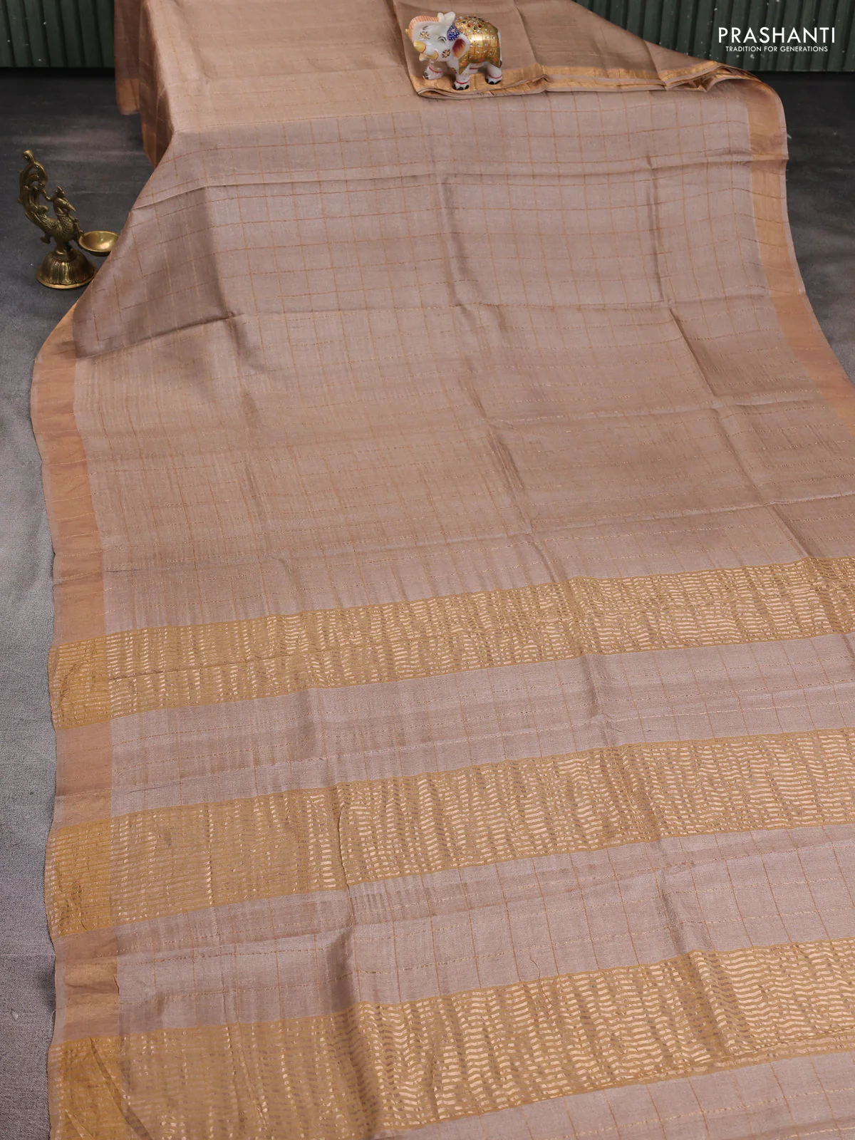 Pure tussar silk saree beige and teal green with allover zari woven checked pattern and zari woven border - Image 2