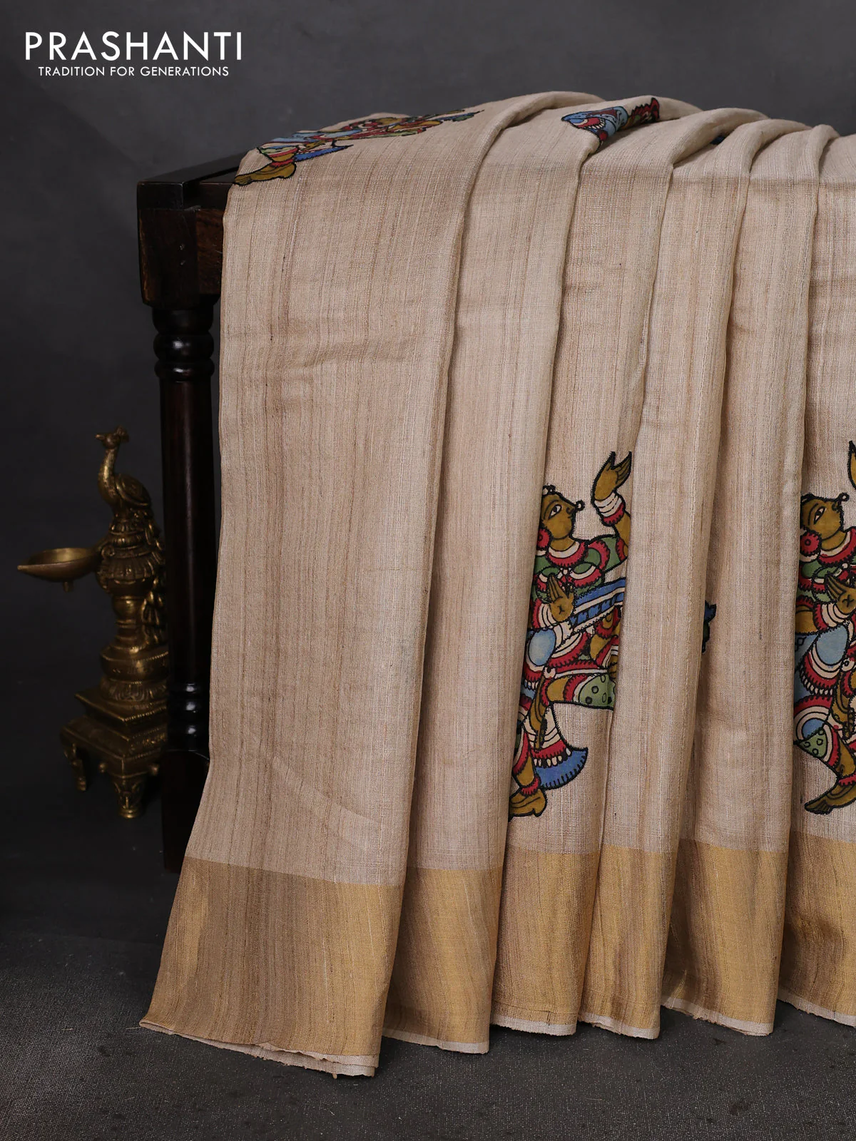 Pure tussar silk saree beige with kalamkari applique work - Image 2