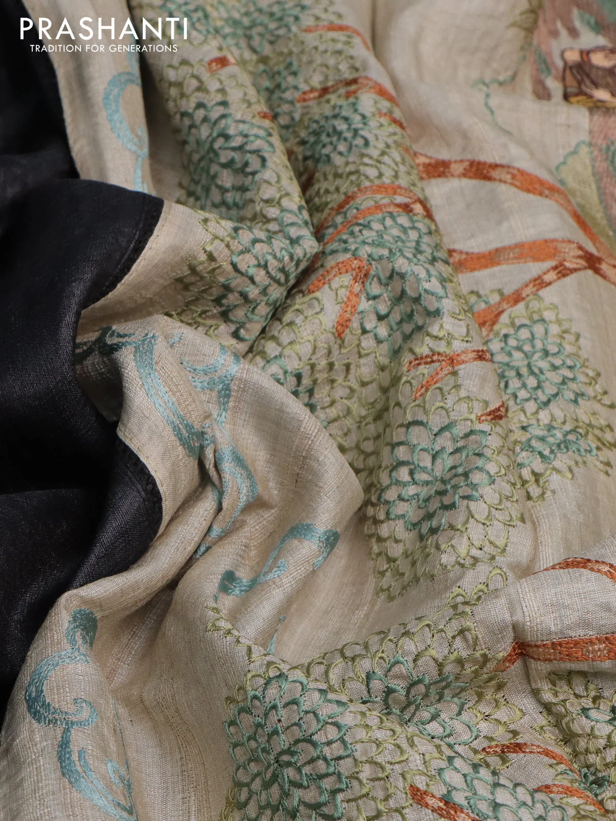 Pure tussar silk saree black and cream with plain body and embroidery work pallu - Image 2