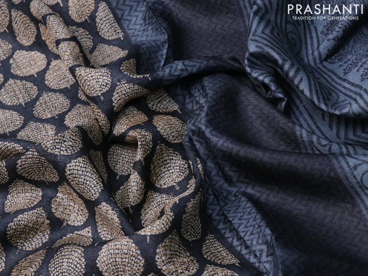 Pure tussar silk saree black and grey with allover butta prints and printed border - Image 3