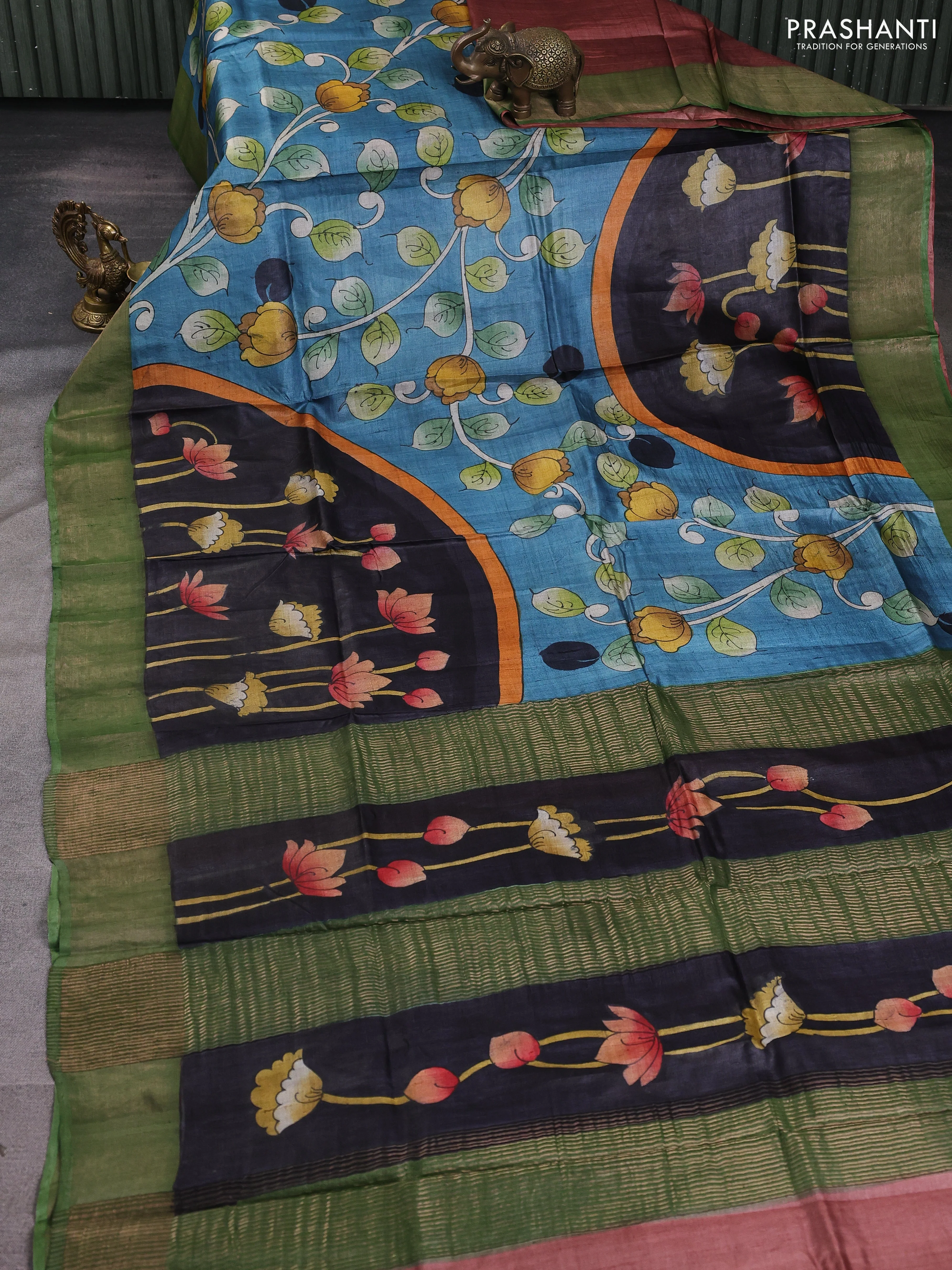 Pure tussar silk saree black and pastel green with allover hand painted prints and zari woven border - Image 2