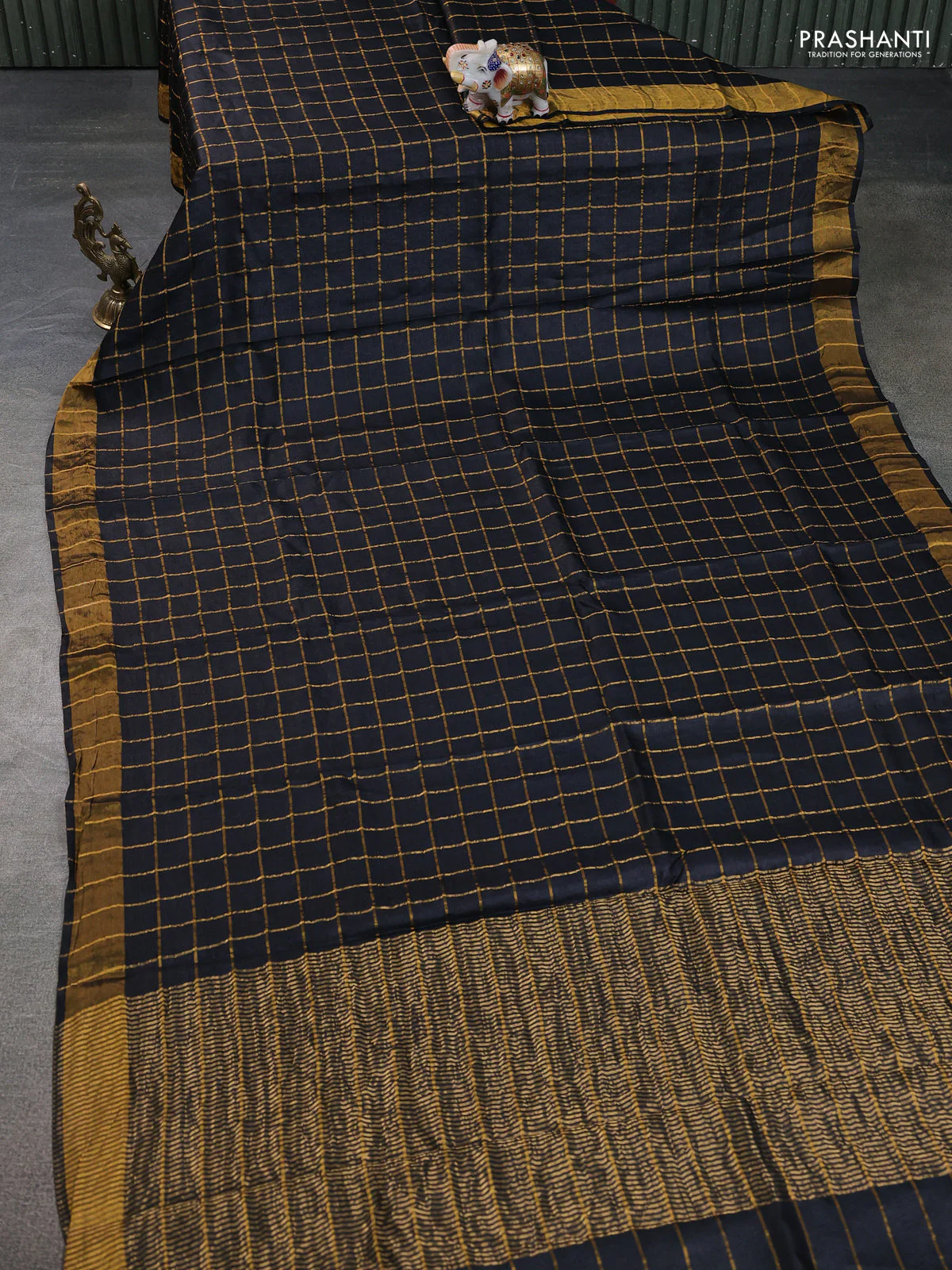 Pure tussar silk saree black and peach shade with allover zari checks and zari woven border - Image 2