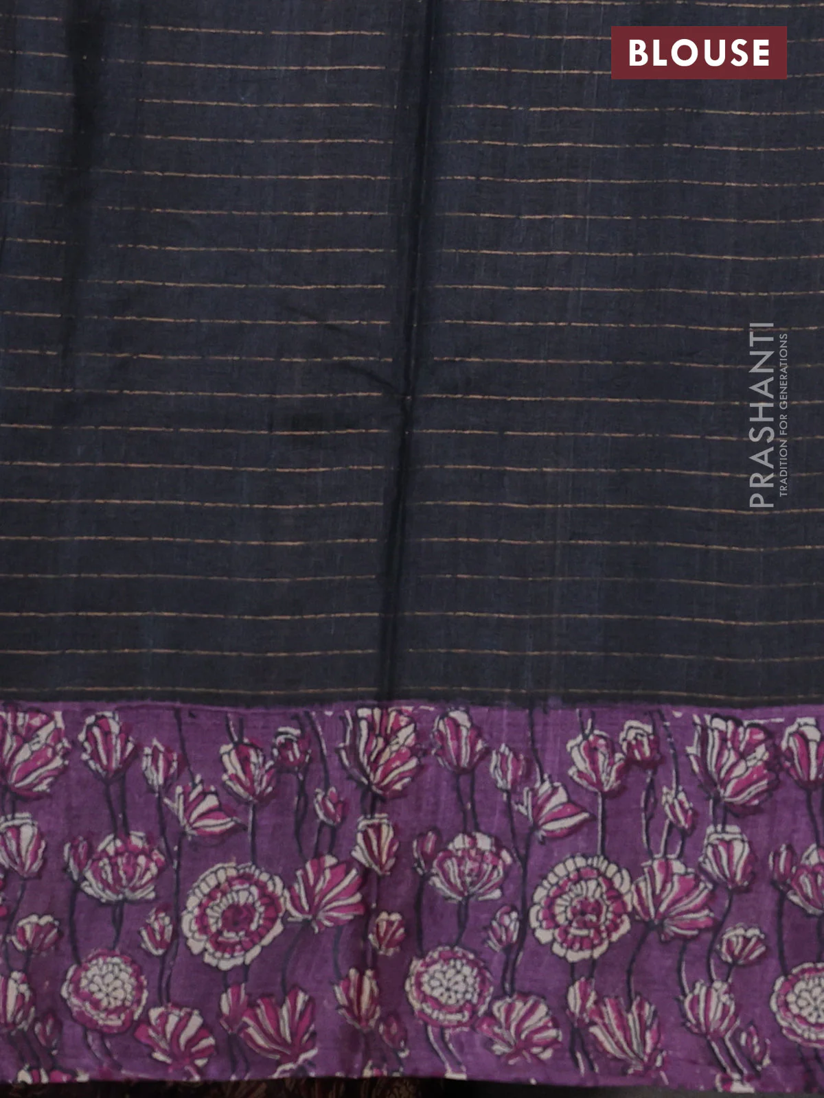 Pure tussar silk saree black and violet with allover zari checked pattern and kalamkari printed border - Image 3