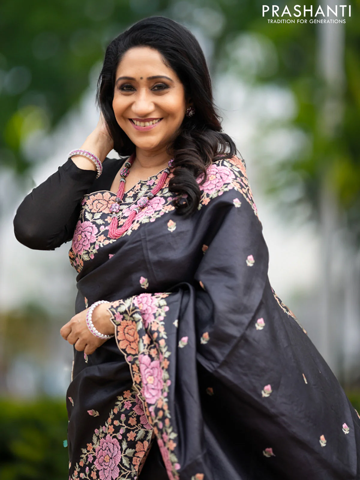Pure tussar silk saree black with allover embroidery work buttas and floral design embroidery work border - Image 2