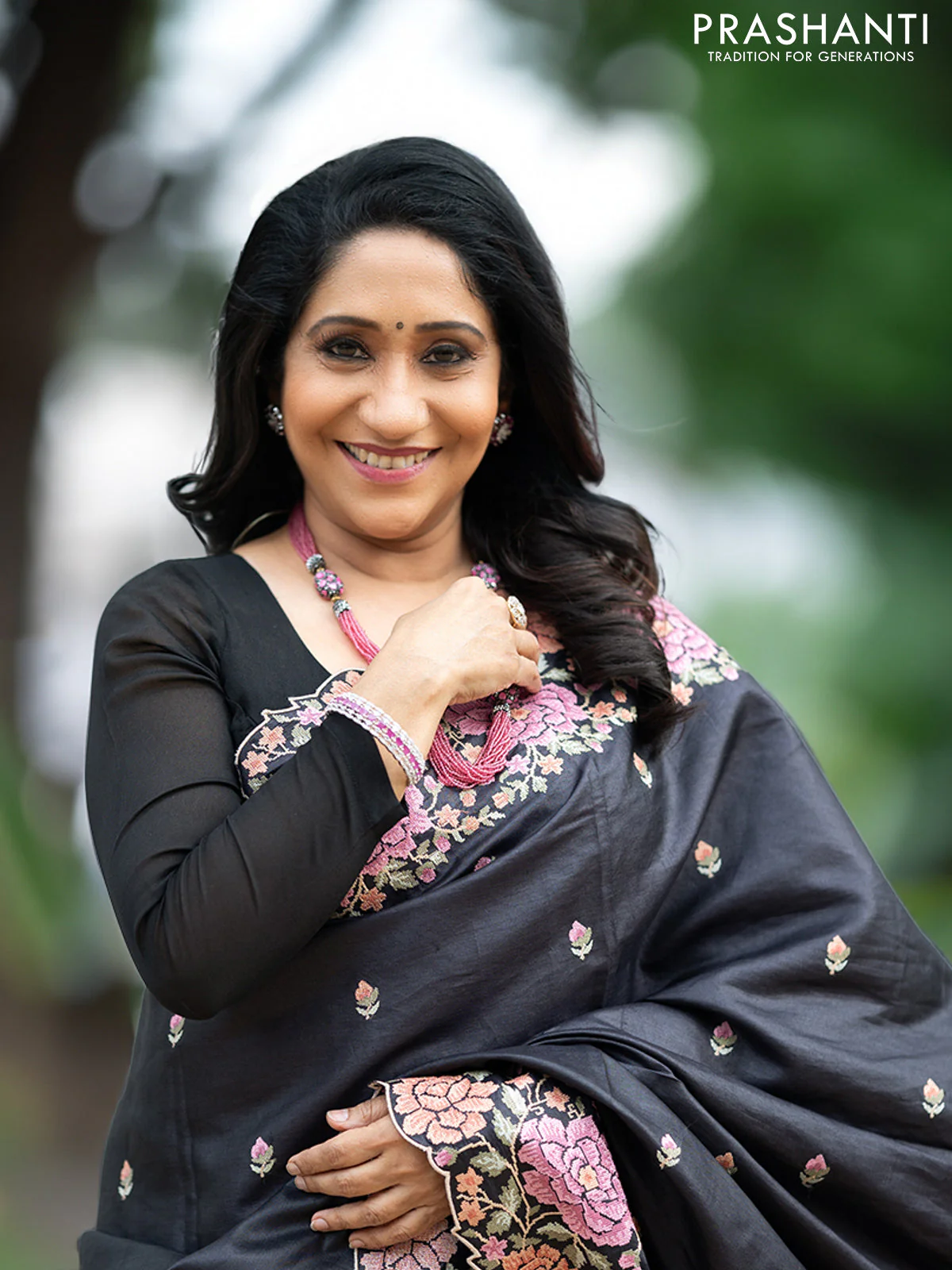 Pure tussar silk saree black with allover embroidery work buttas and floral design embroidery work border - Image 3