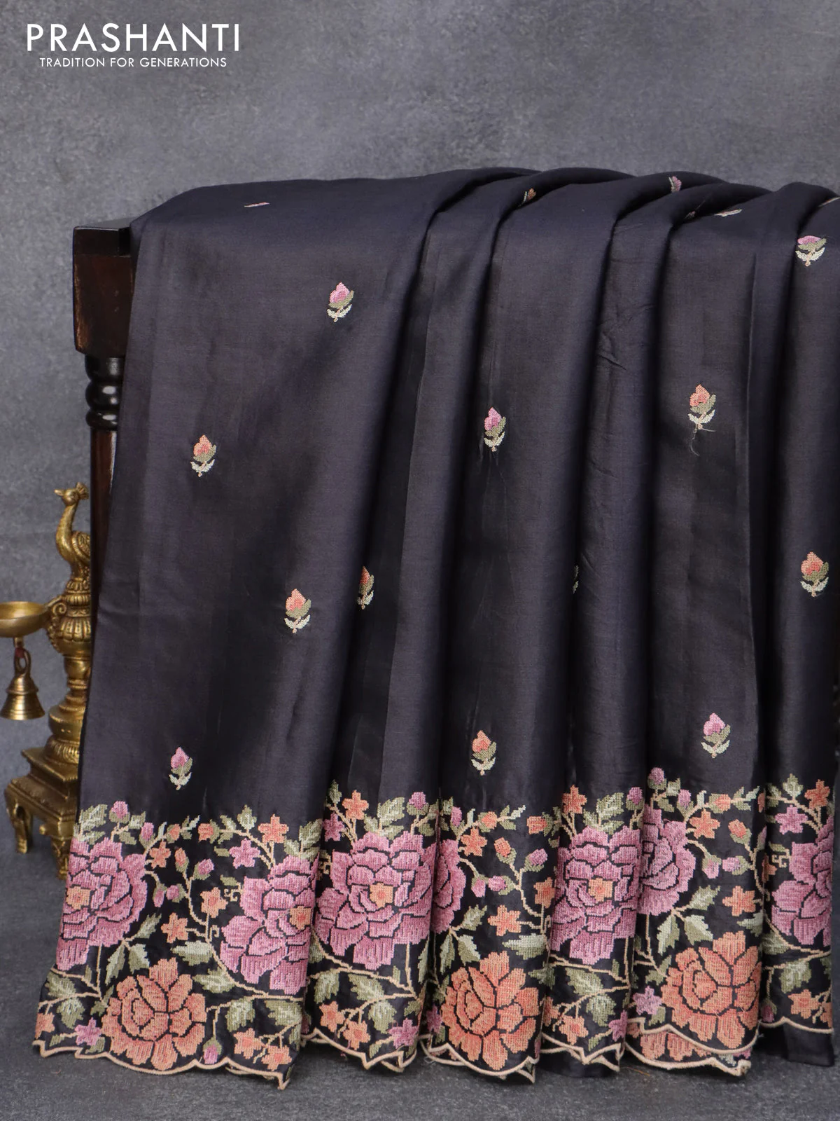 Pure tussar silk saree black with allover embroidery work buttas and floral design embroidery work border - Image 4