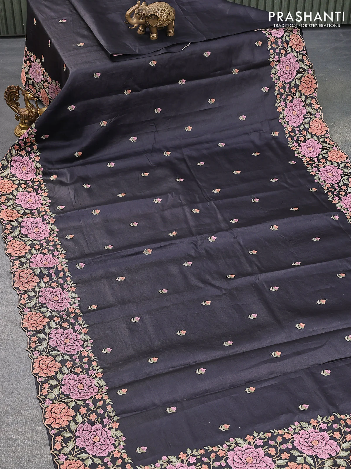 Pure tussar silk saree black with allover embroidery work buttas and floral design embroidery work border - Image 5