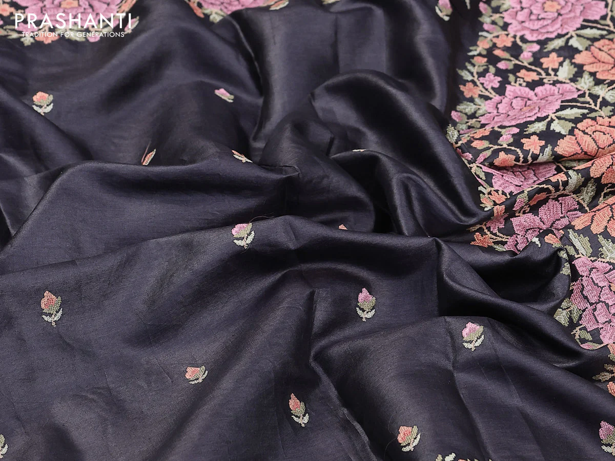 Pure tussar silk saree black with allover embroidery work buttas and floral design embroidery work border - Image 6