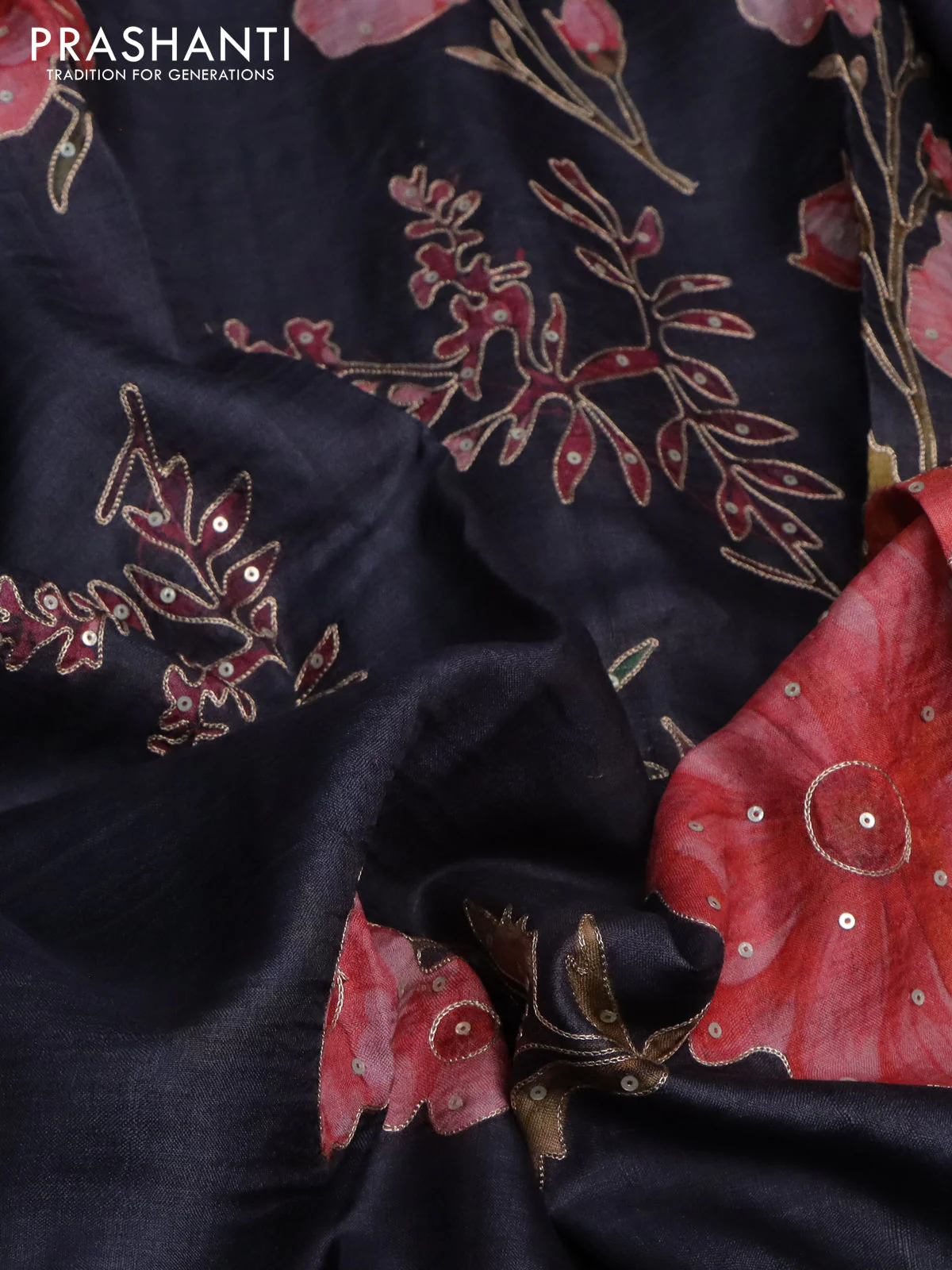 Pure tussar silk saree black with floral prints & pita work - Image 2