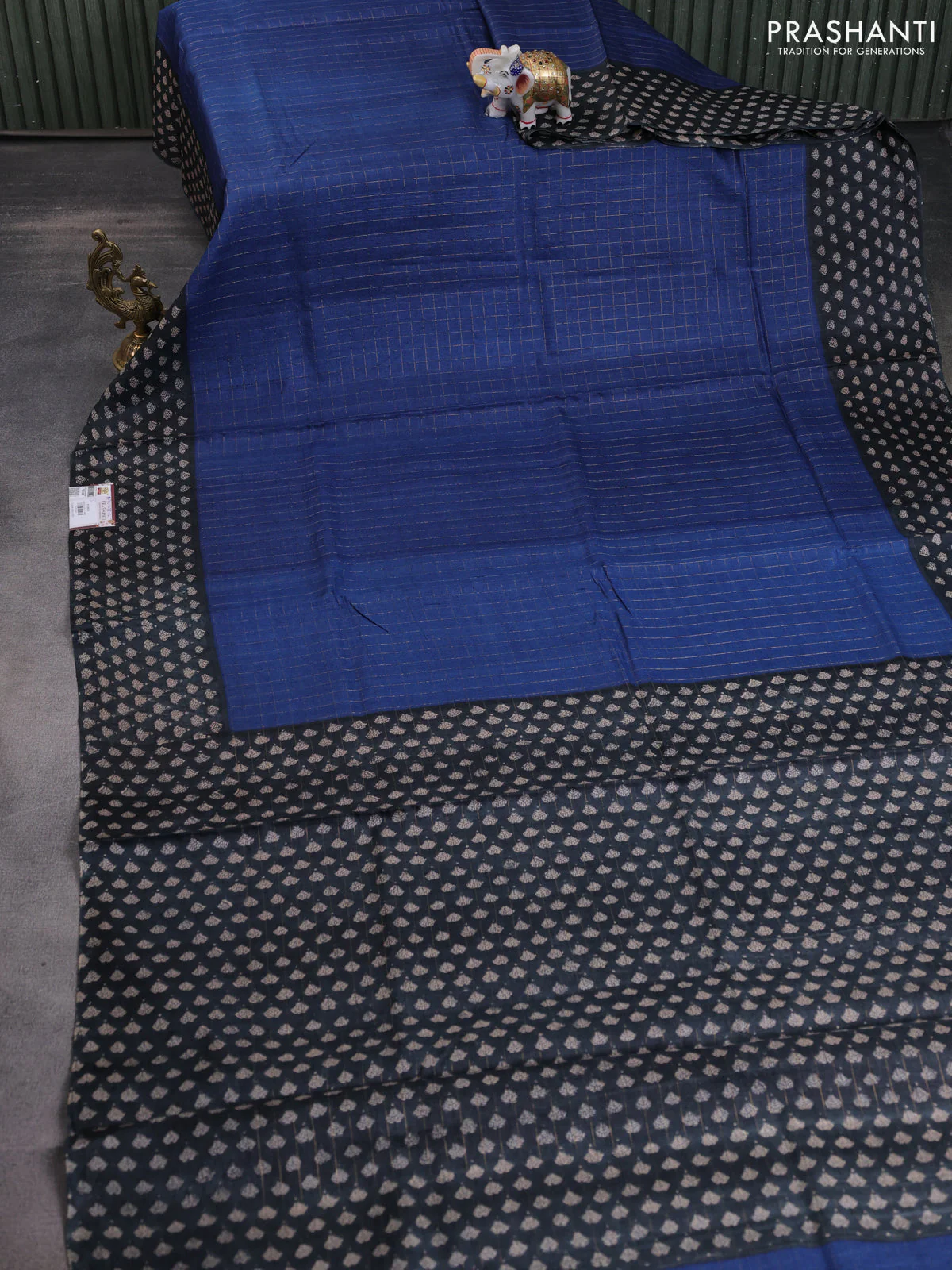 Pure tussar silk saree blue and black with allover zari checked pattern and printed border - Image 2