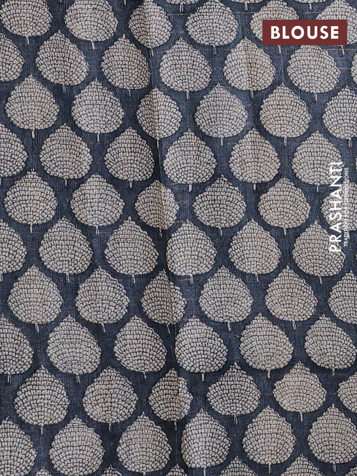 Pure tussar silk saree blue and black with allover zari checked pattern and printed butta border - Image 3