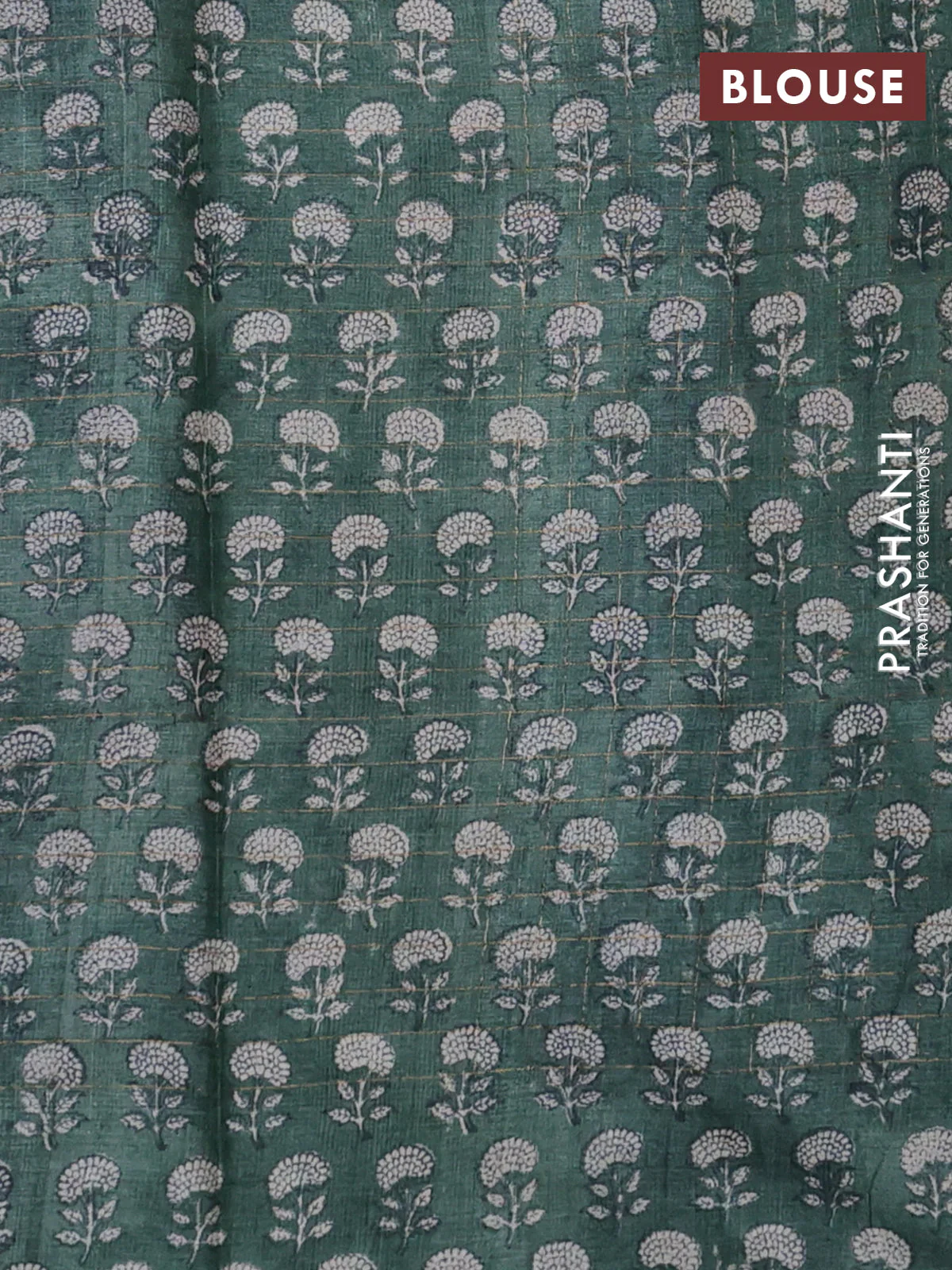 Pure tussar silk saree blue and bottle green with allover zari checked pattern and floral printed border - Image 3