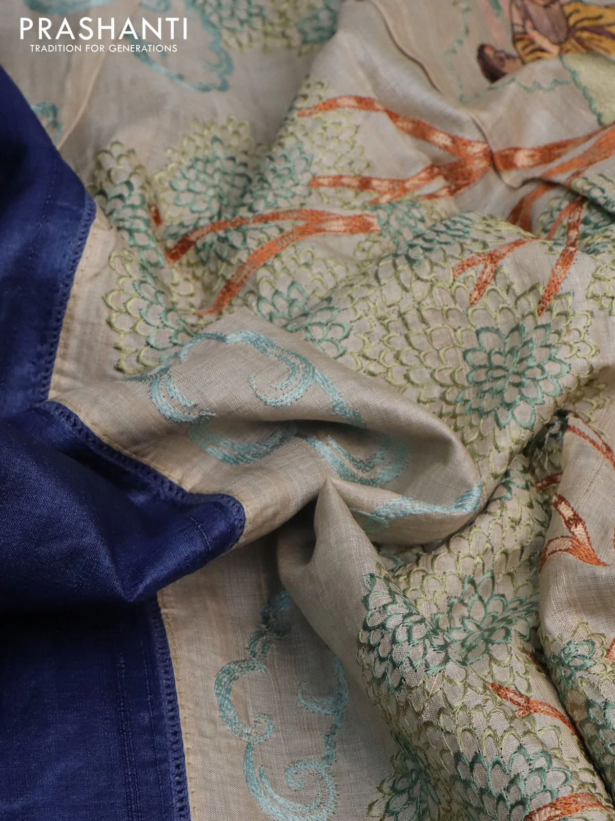 Pure tussar silk saree blue and cream with plain body and embroidery work pallu - Image 2