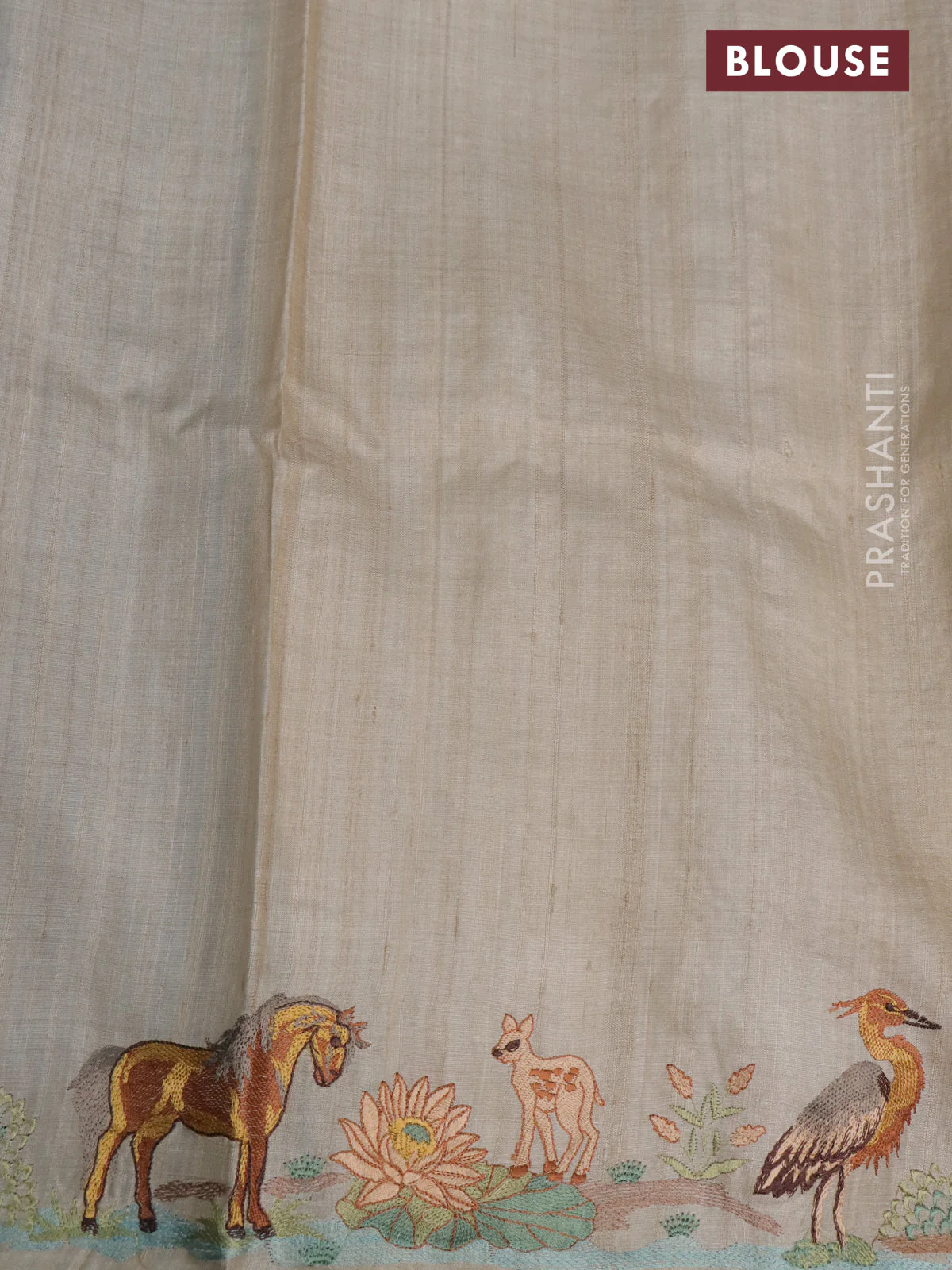 Pure tussar silk saree blue and cream with plain body and embroidery work pallu - Image 3