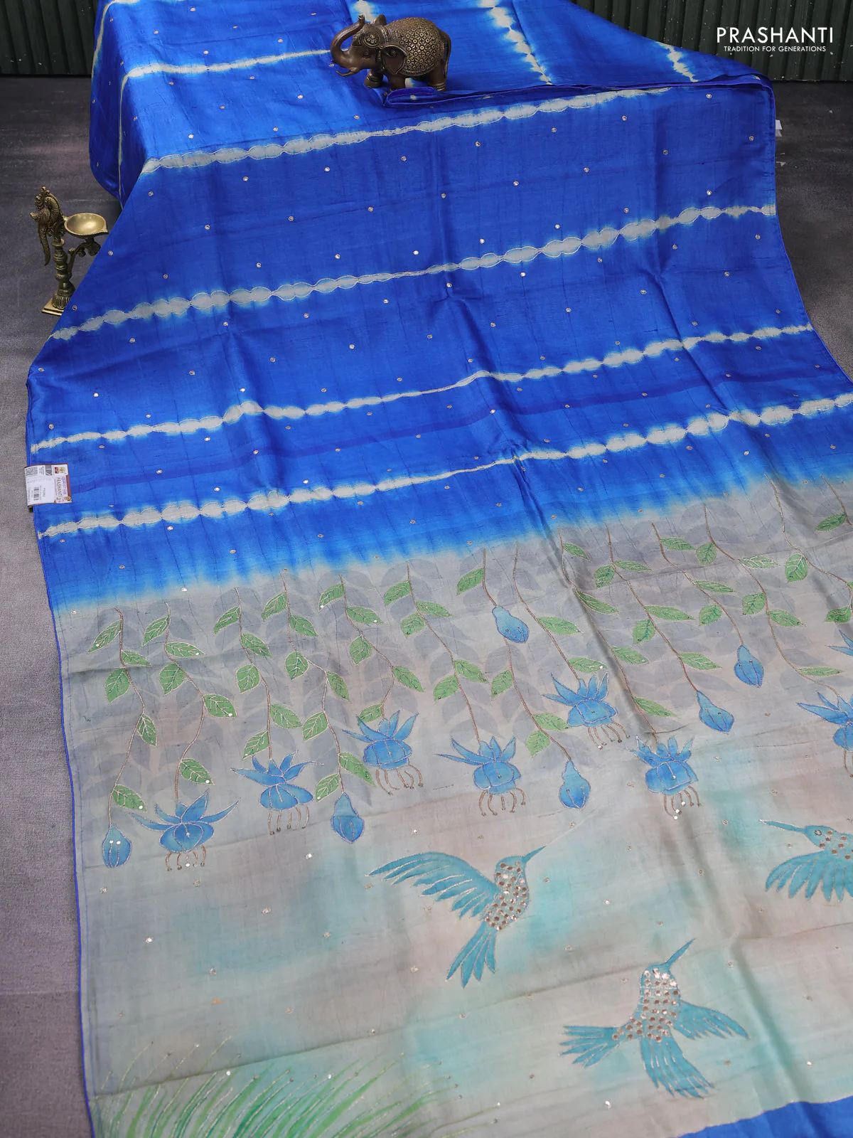 Pure tussar silk saree blue and cream with tie & dye prints and pita work pallu - Image 2