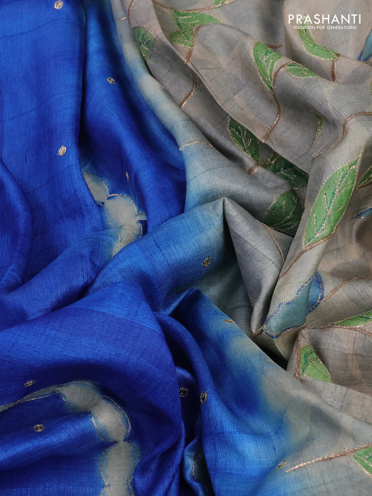 Pure tussar silk saree blue and cream with tie & dye prints and pita work pallu - Image 3