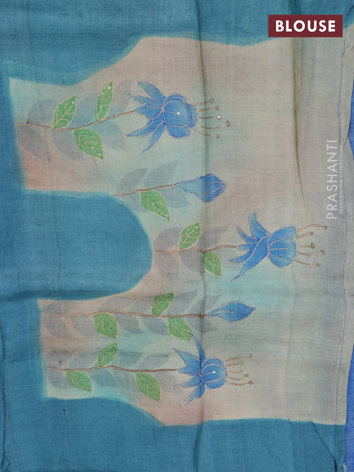 Pure tussar silk saree blue and cream with tie & dye prints and pita work pallu - Image 4