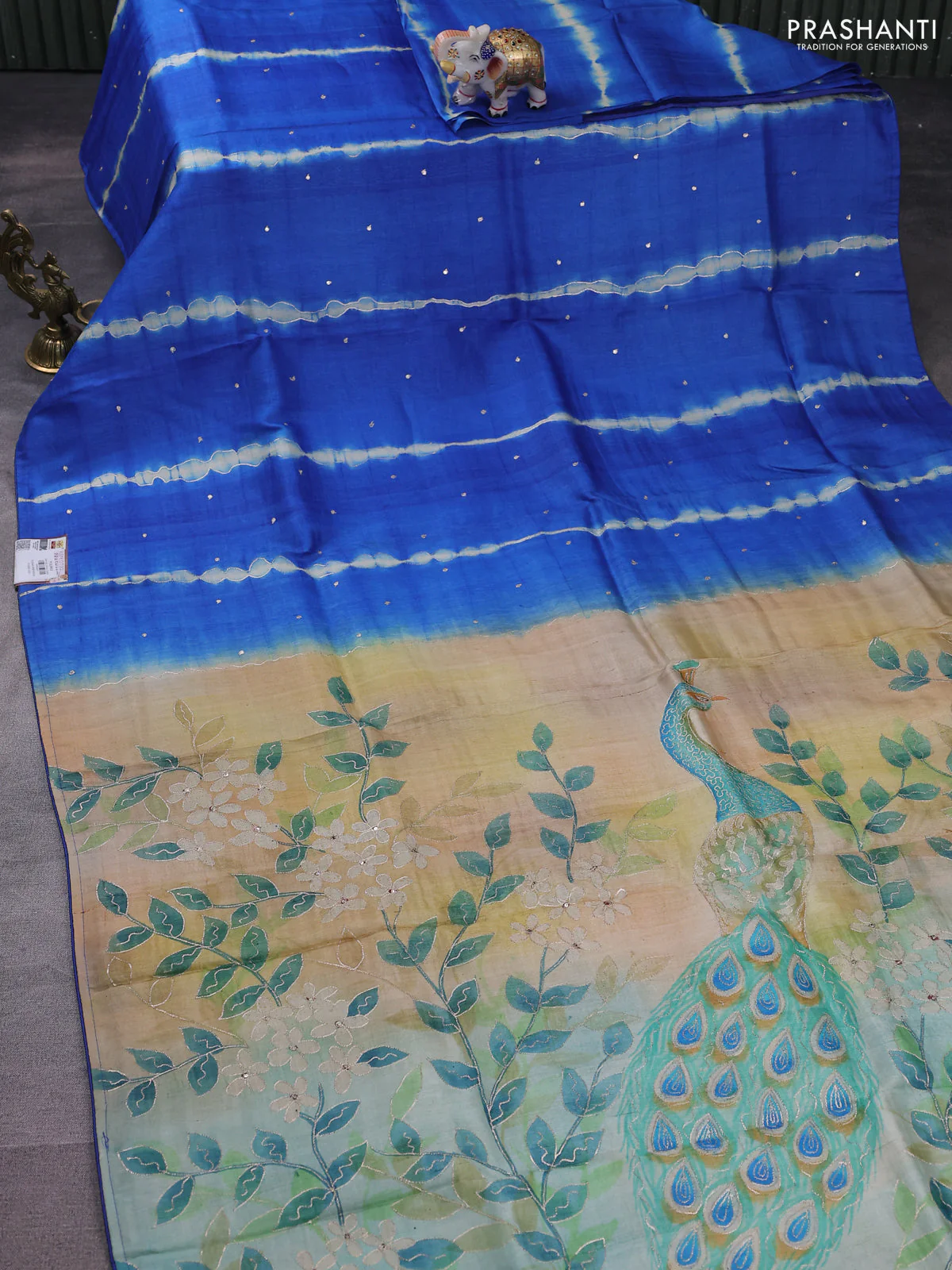 Pure tussar silk saree blue and cream with tie & dye prints and pita work pallu - Image 2