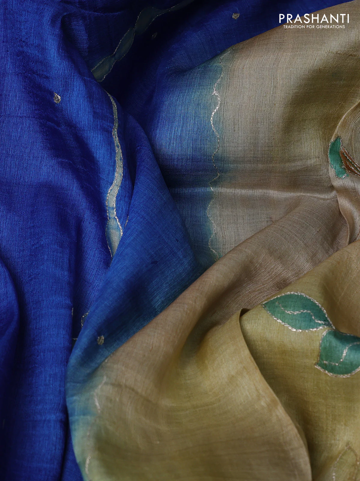 Pure tussar silk saree blue and cream with tie & dye prints and pita work pallu - Image 3