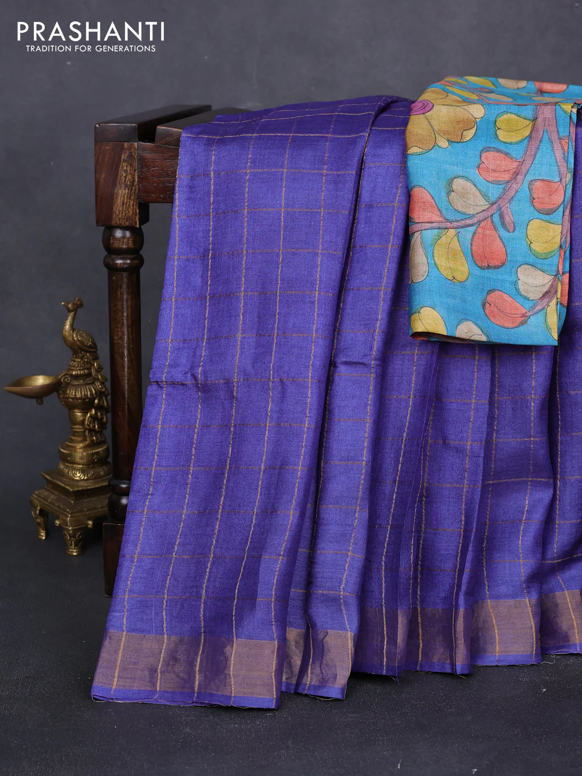 Pure tussar silk saree blue and cs blue with allover zari checked pattern and zari woven border
