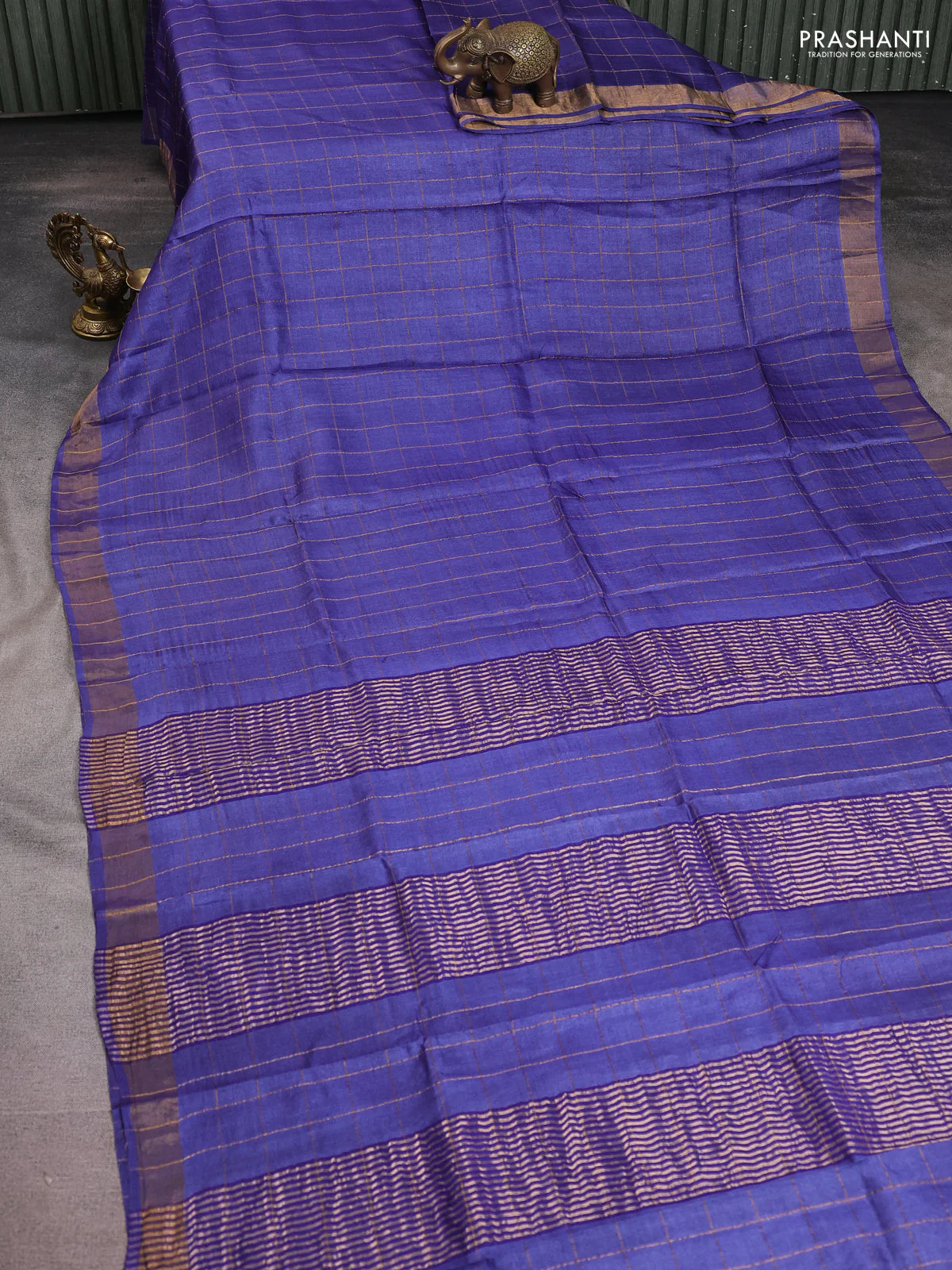Pure tussar silk saree blue and cs blue with allover zari checked pattern and zari woven border - Image 2