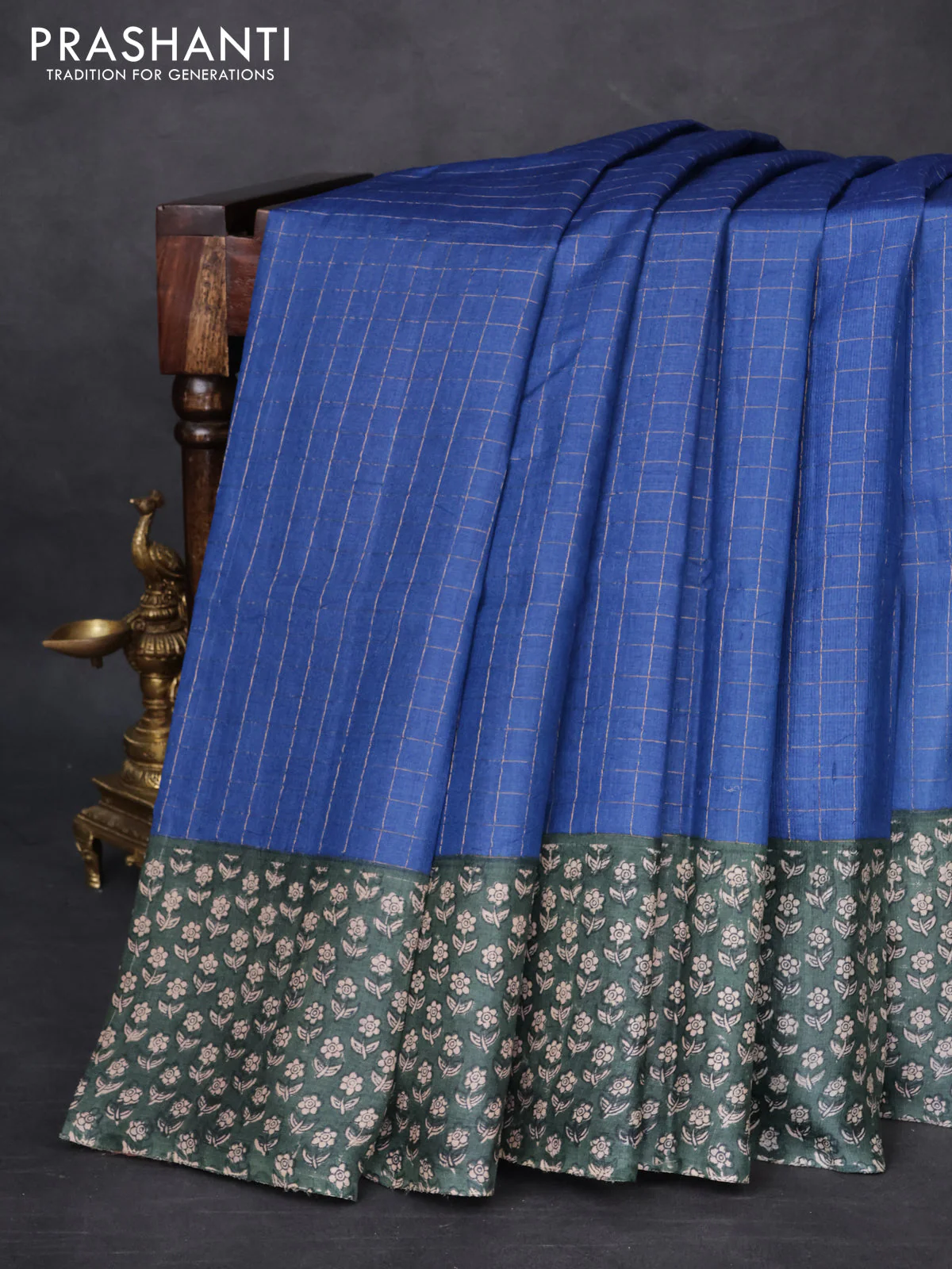 Pure tussar silk saree blue and dark green with allover zari checked pattern and floral printed border