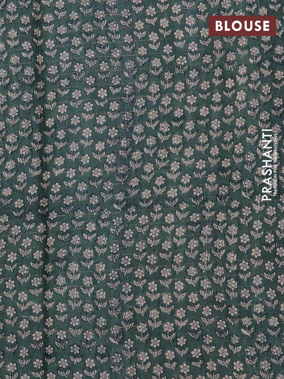 Pure tussar silk saree blue and dark green with allover zari checked pattern and floral printed border - Image 3