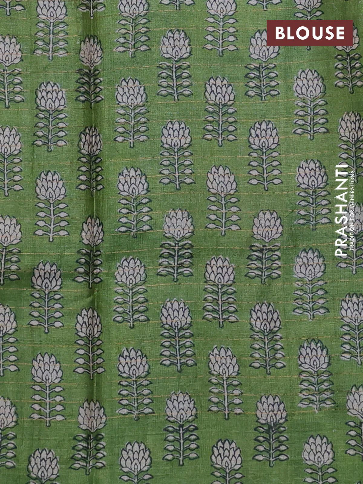 Pure tussar silk saree blue and green with allover zari checked pattern and floral printed border - Image 3