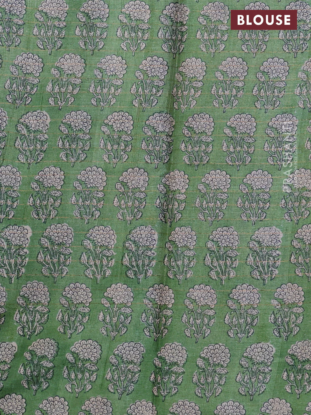 Pure tussar silk saree blue and green with allover zari checked pattern and floral printed butta border - Image 3